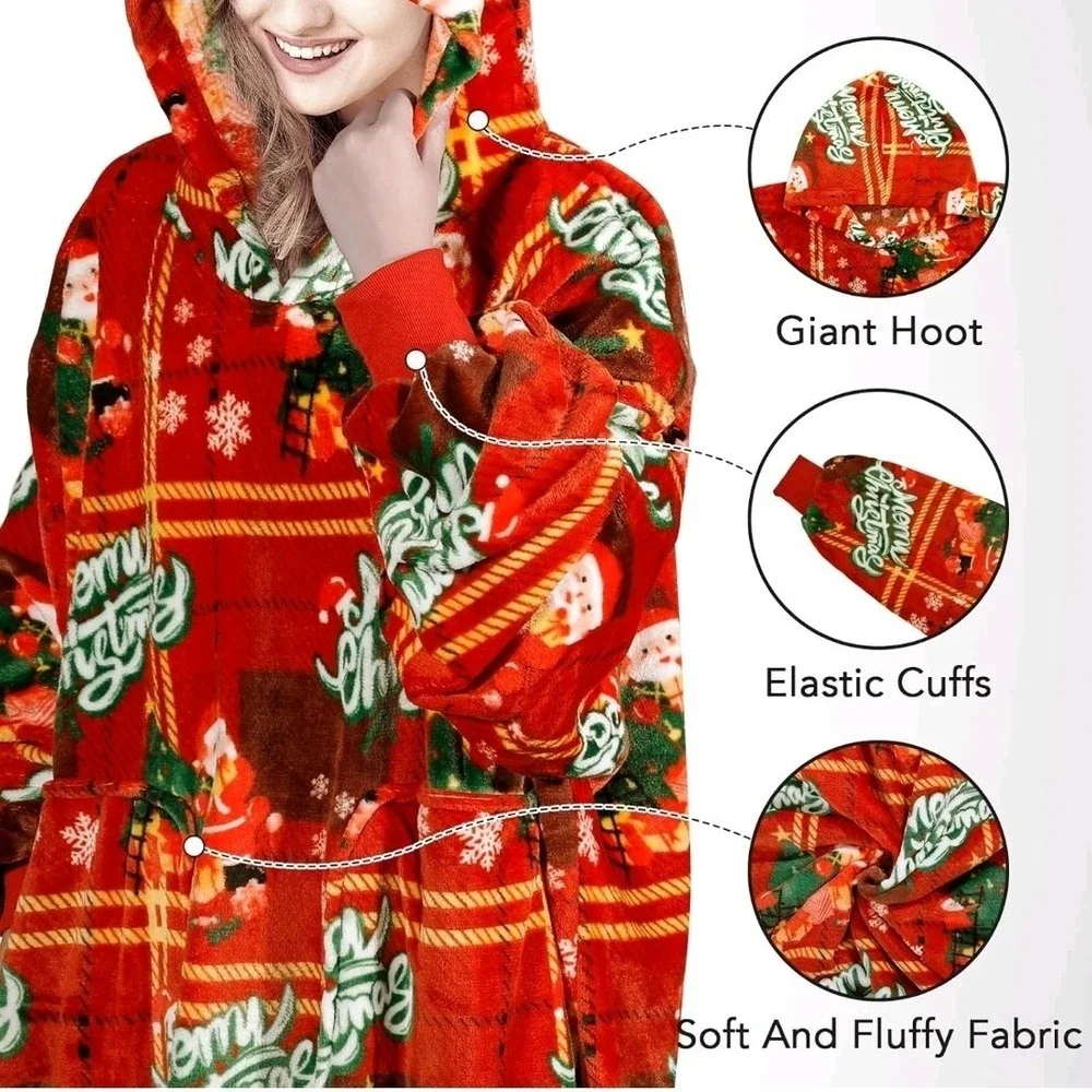 Christmas Oversized Flannel Wearable Blanket Hoodie for Adults, One Size